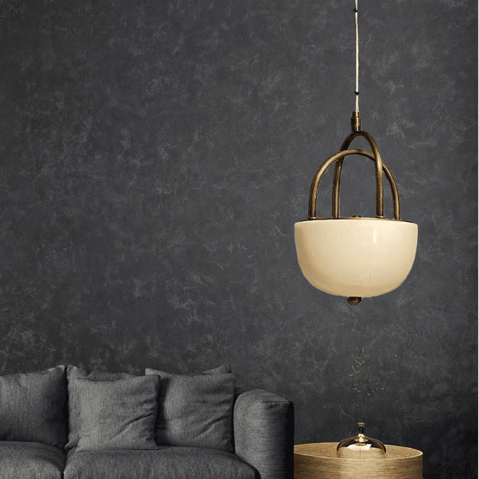 Alabaster Bowl Pendant Light – 18 cm Brass Cradle | Jagmag Lights 6 Alabaster bowl pendant light hung beside a grey sofa against a dark plaster wall