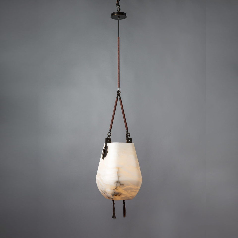 Alabaster lantern pendant light with carved stone vessel and leather straps - Jagmag Lights