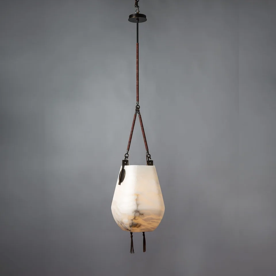 Alabaster lantern pendant light with carved stone vessel and leather straps - Jagmag Lights