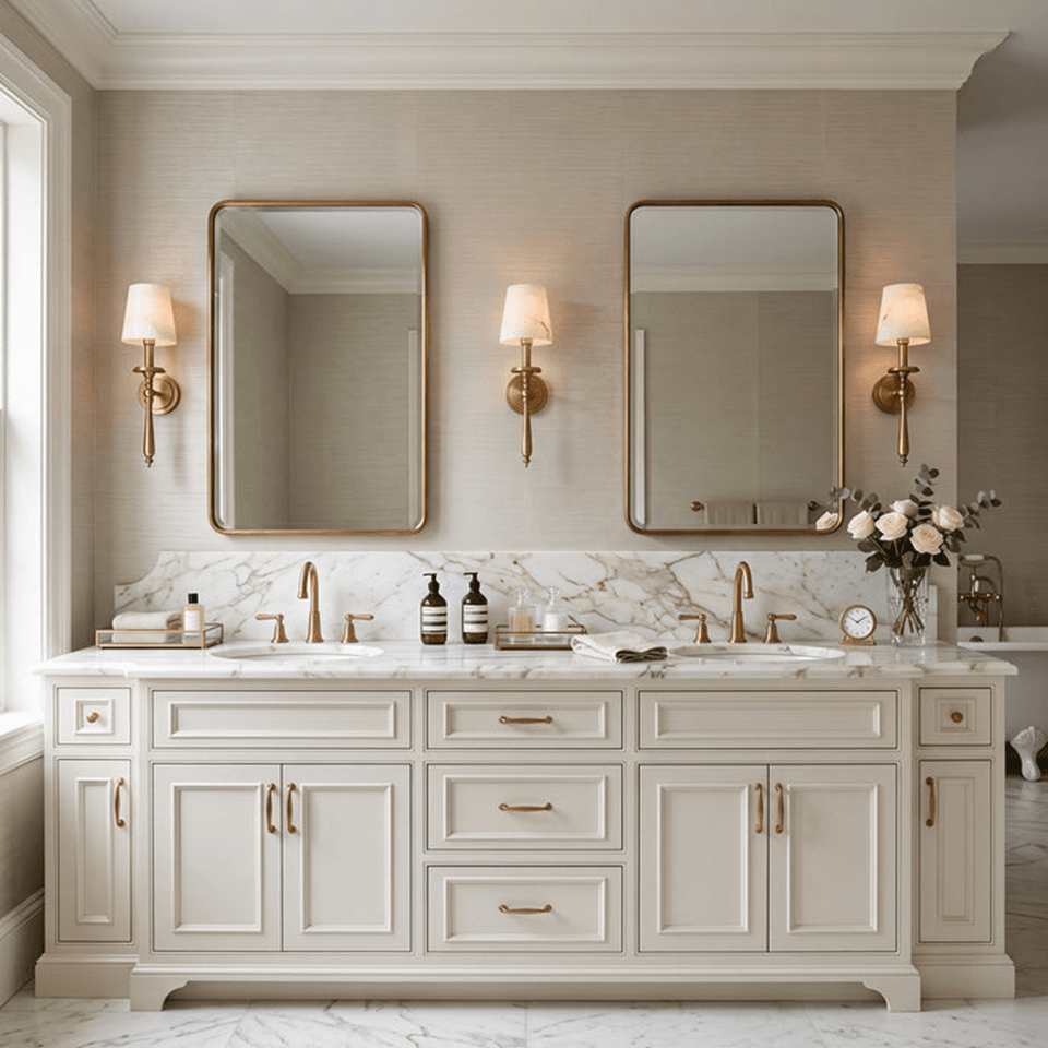 Alabaster Torch Wall Light – 50 cm Brass Sconce | Jagmag Lights 5 Three alabaster torch wall lights across a double vanity with brass-framed bathroom mirrors