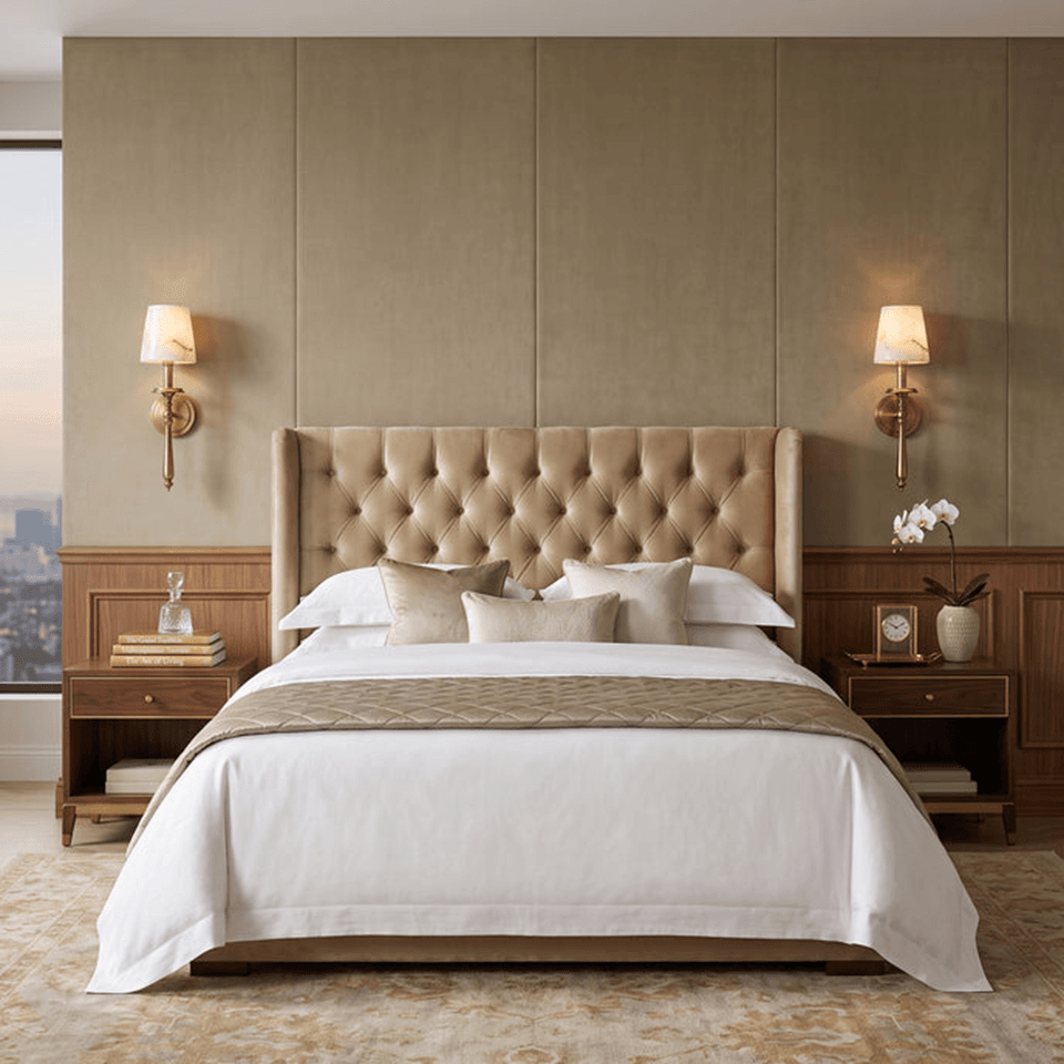 Alabaster Torch Wall Light – 50 cm Brass Sconce | Jagmag Lights 3 Pair of alabaster torch wall lights either side of an upholstered bed, glowing warm