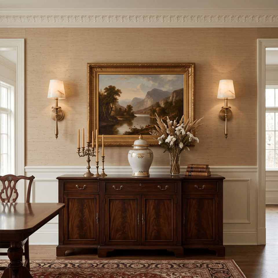 Alabaster Torch Wall Light – 50 cm Brass Sconce | Jagmag Lights 4 Pair of alabaster torch wall lights flanking a gilt-framed painting above a dining sideboard