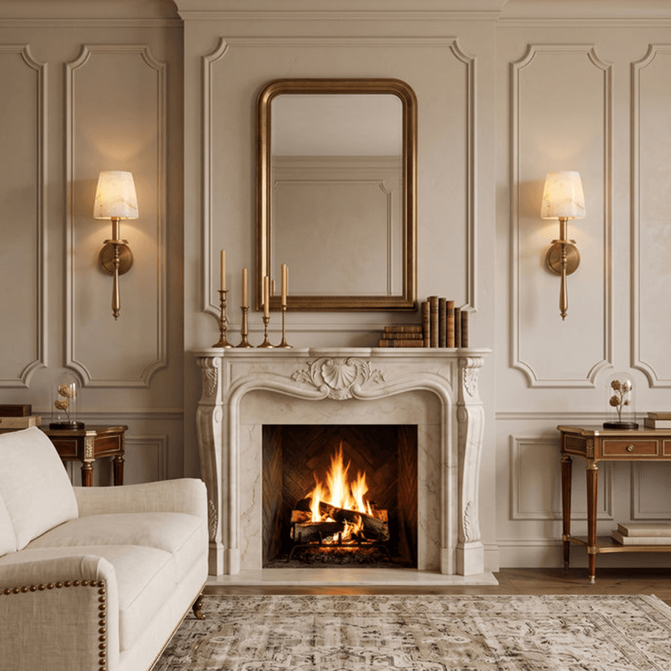 Alabaster Torch Wall Light – 50 cm Brass Sconce | Jagmag Lights 2 Pair of alabaster torch wall lights flanking a marble fireplace in a panelled living room