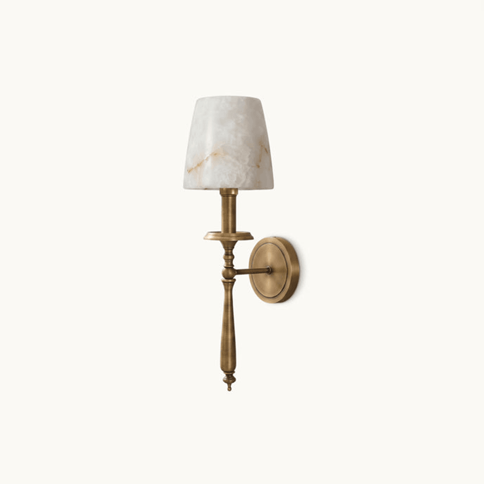 Alabaster Torch Wall Light – 50 cm Brass Sconce | Jagmag Lights 6 Alabaster torch wall light front view showing the tapered stone shade and turned brass stem