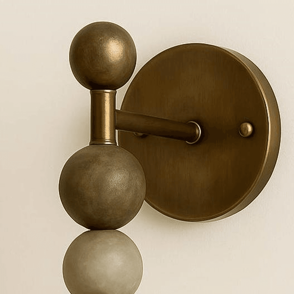 Alabaster Vanity Light – 16″ Stone Bead Sconce | Jagmag Lights 7 Round backplate with the metal ball and stem of the alabaster vanity light