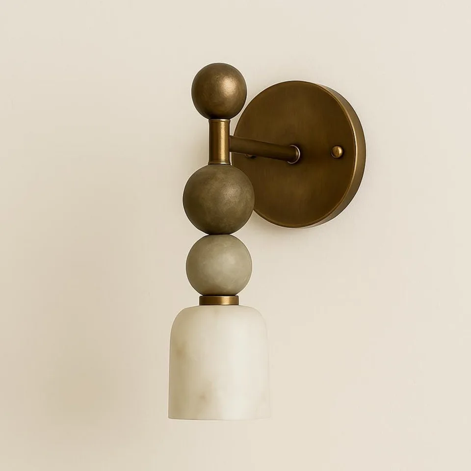 Alabaster Vanity Light – 16″ Stone Bead Sconce | Jagmag Lights 4 Alabaster vanity light in antique brass against a pale wall