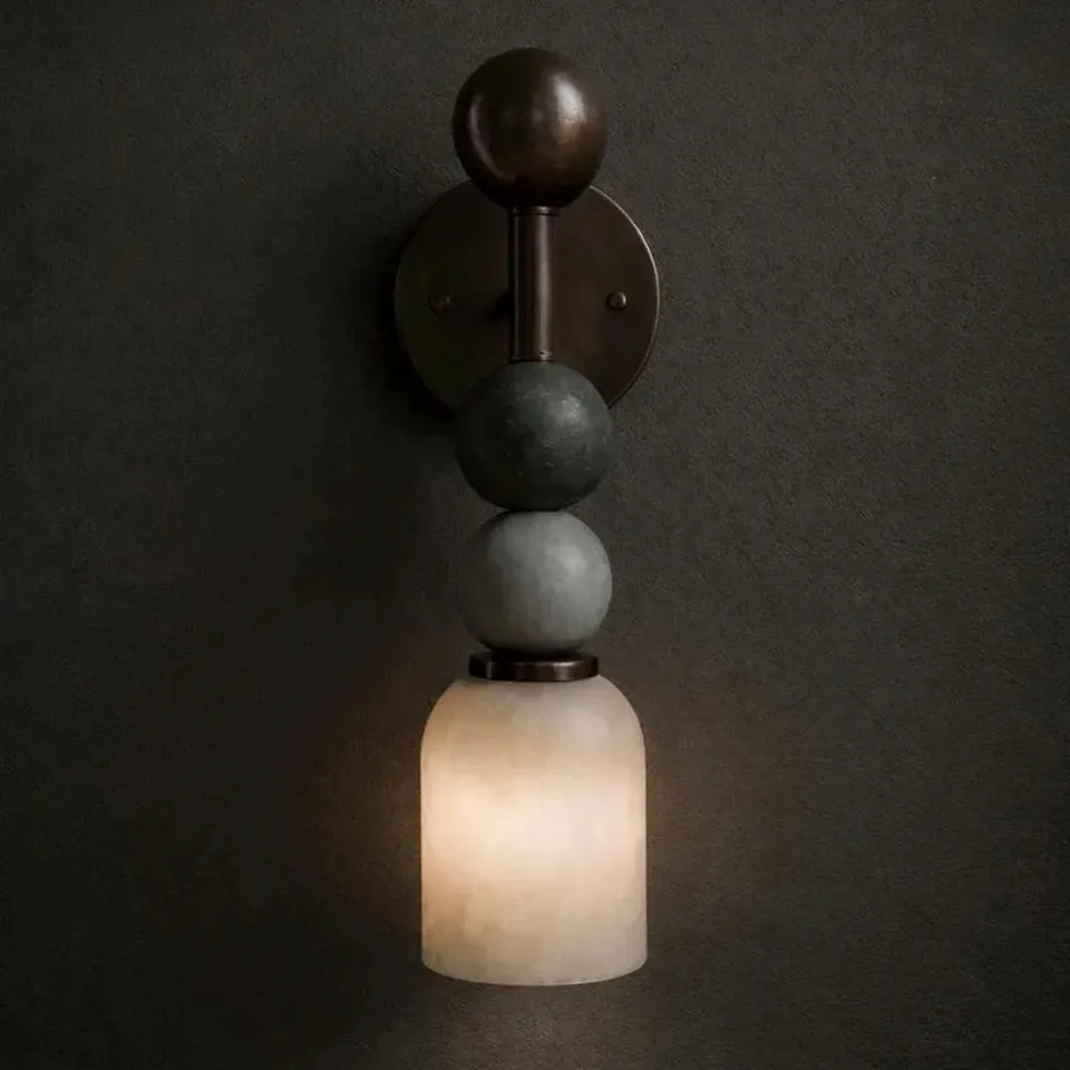 Alabaster Vanity Light – 16″ Stone Bead Sconce | Jagmag Lights 3 Alabaster vanity light in dark antique bronze with green and grey stone beads