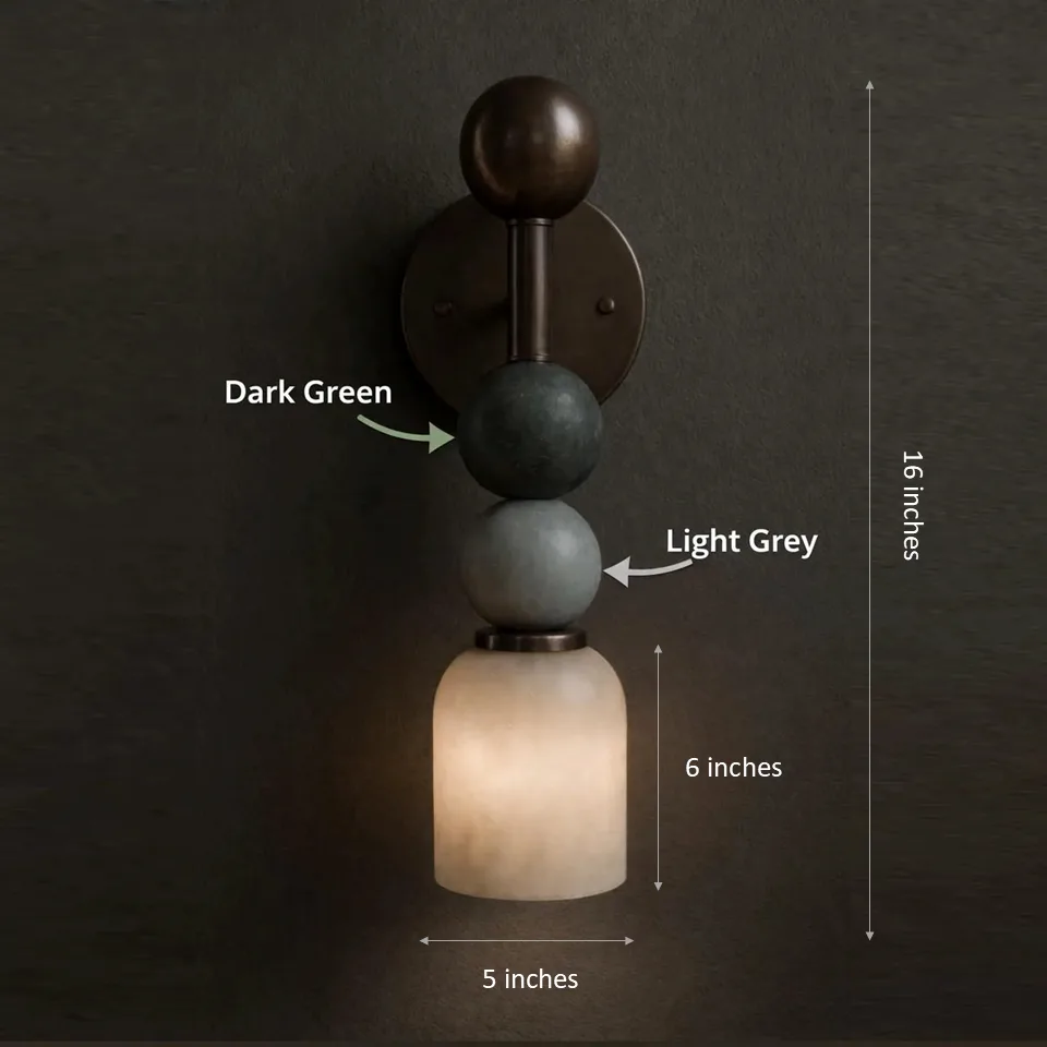 Alabaster Vanity Light – 16″ Stone Bead Sconce | Jagmag Lights 8 Dimension drawing of the alabaster vanity light: 16 inches tall, 6 inch dome, 5 inch wide