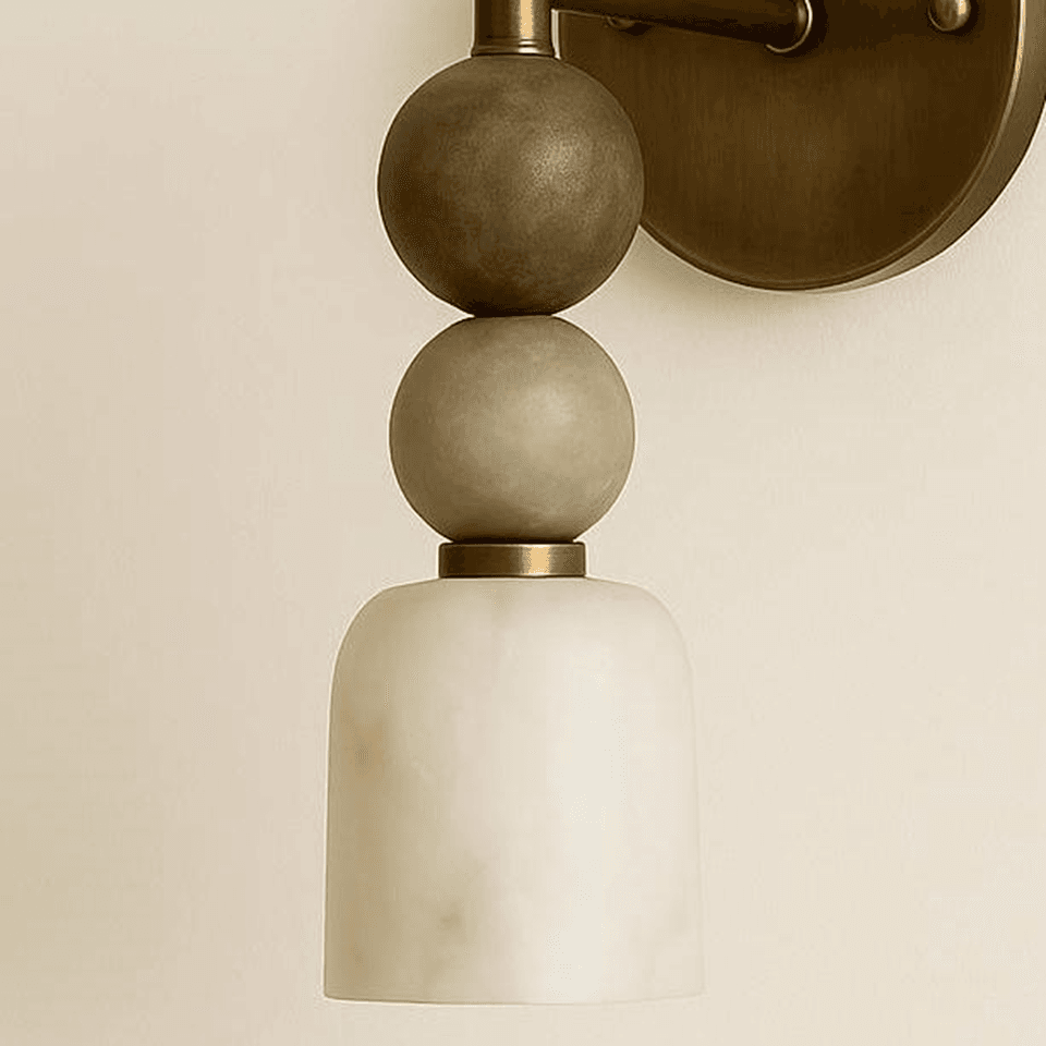 Alabaster Vanity Light – 16″ Stone Bead Sconce | Jagmag Lights 5 Close-up of the alabaster dome shade and the stone bead above it