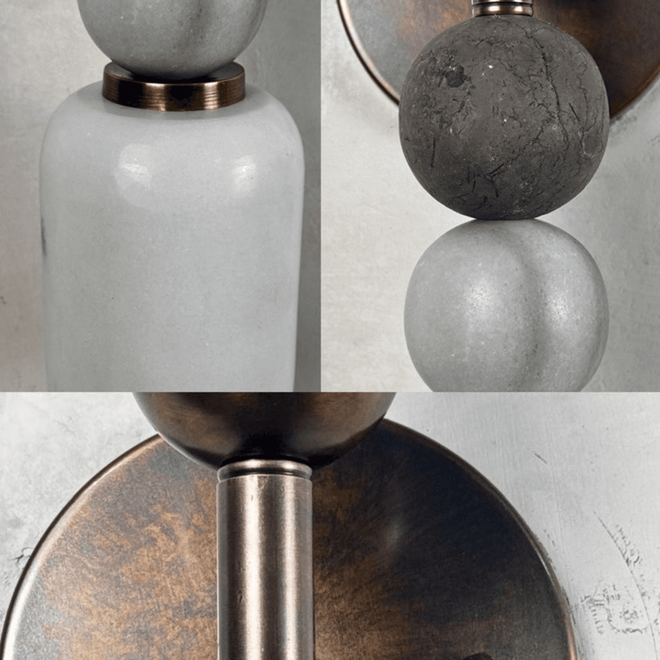 Alabaster Vanity Light – 16″ Stone Bead Sconce | Jagmag Lights 6 Detail views of the alabaster dome, dark green stone and light grey stone beads