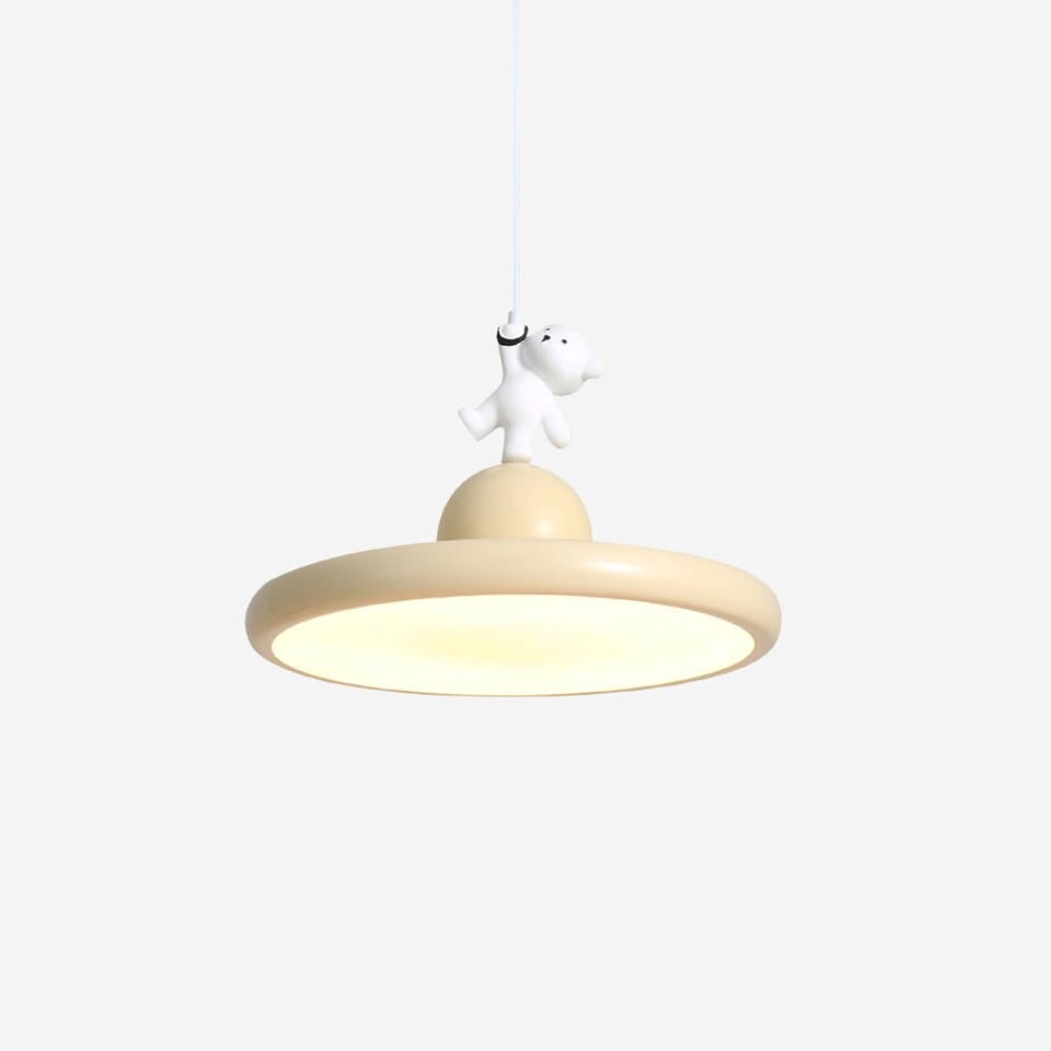 Cream bear kids pendant light with white bear figure on a 40 cm disc shade