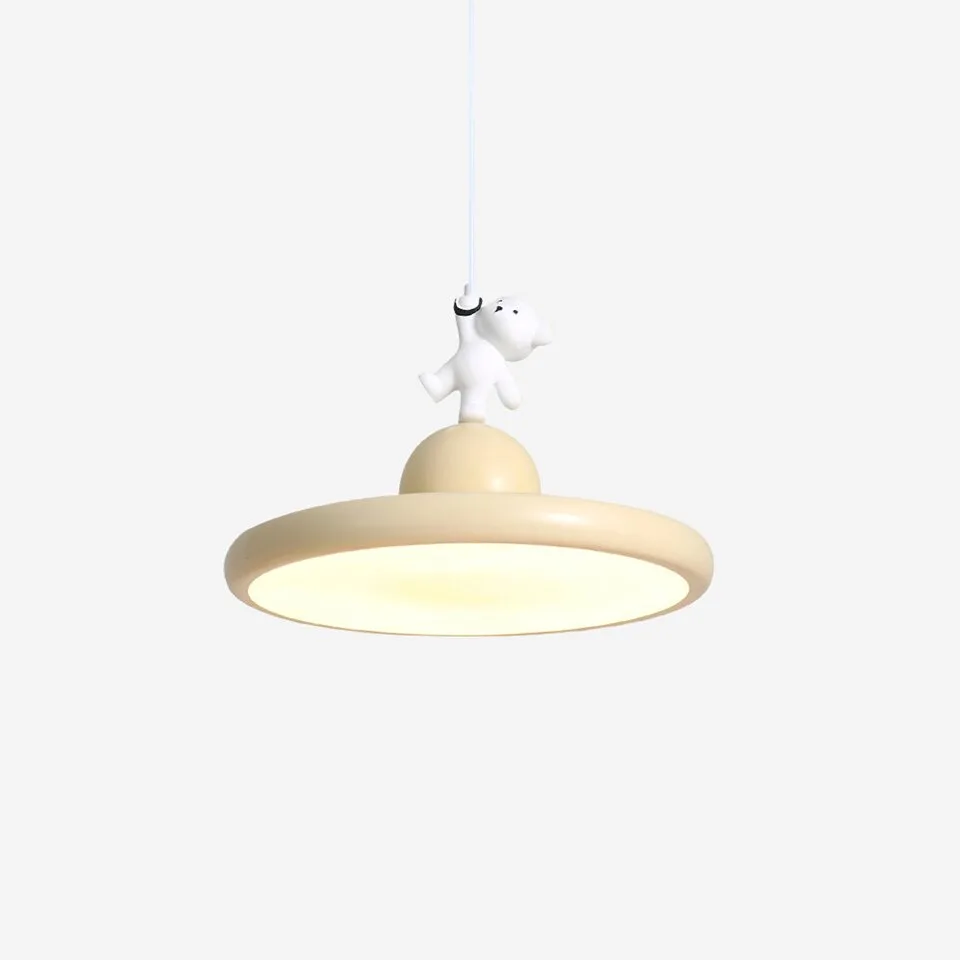 Cream bear kids pendant light with white bear figure on a 40 cm disc shade
