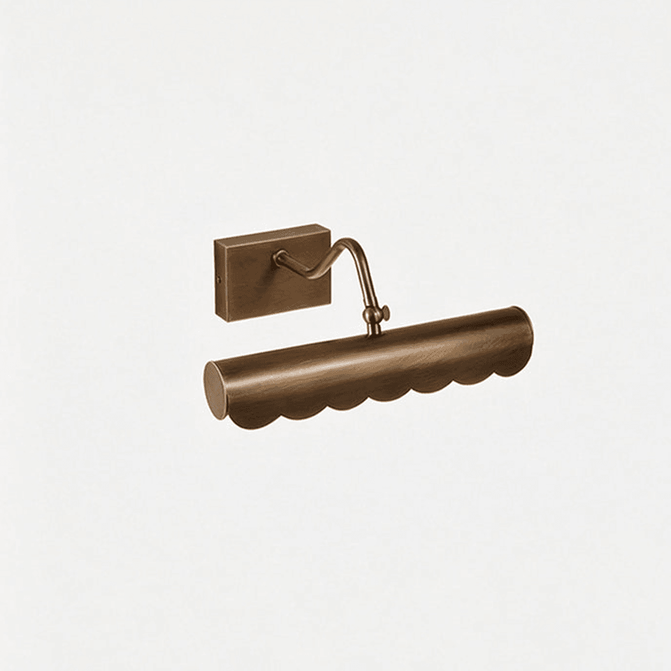 Brass Mirror Light – Scalloped Picture Light, Antique Finish | Jagmag Lights 6 Brass mirror light in antique aged brass, three-quarter studio view