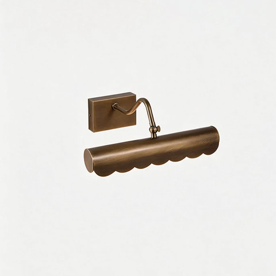 Brass Mirror Light – Scalloped Picture Light, Antique Finish | Jagmag Lights 6 Brass mirror light in antique aged brass, three-quarter studio view
