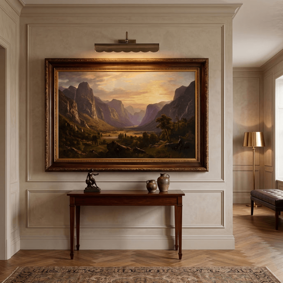 Brass Mirror Light – Scalloped Picture Light, Antique Finish | Jagmag Lights 4 Brass mirror light used as a picture light above a framed landscape painting