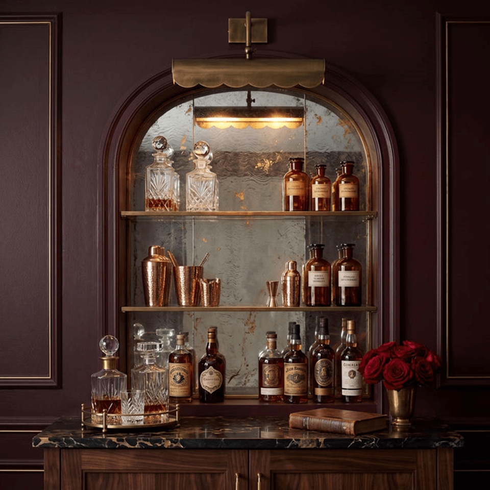 Brass Mirror Light – Scalloped Picture Light, Antique Finish | Jagmag Lights 5 Brass mirror light lighting an arched bar niche with decanters and glassware
