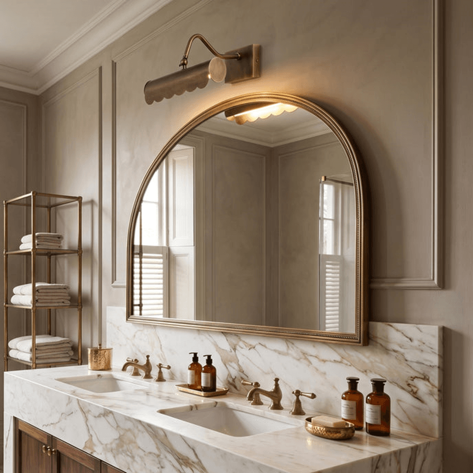 Brass Mirror Light – Scalloped Picture Light, Antique Finish | Jagmag Lights 2 Brass mirror light above an arched bathroom vanity mirror over a marble washstand