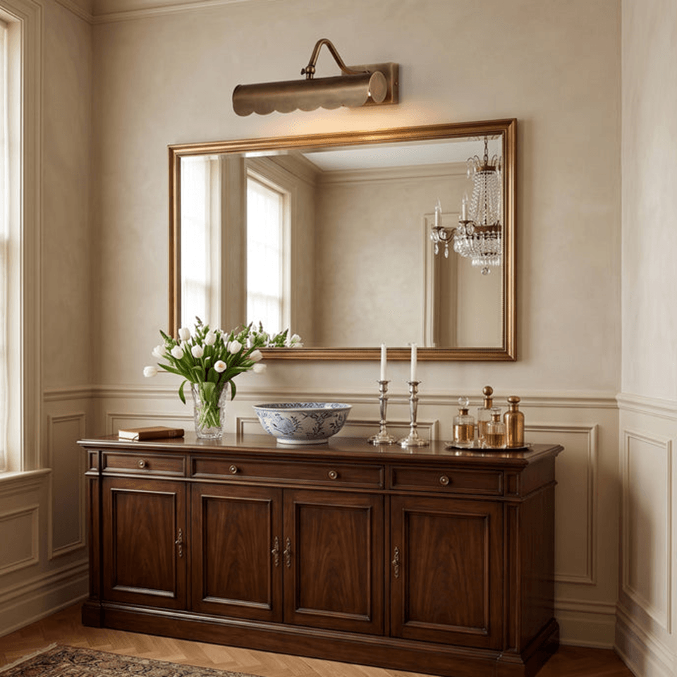 Brass Mirror Light – Scalloped Picture Light, Antique Finish | Jagmag Lights 3 Brass mirror light above a gilt hallway mirror on a walnut console table