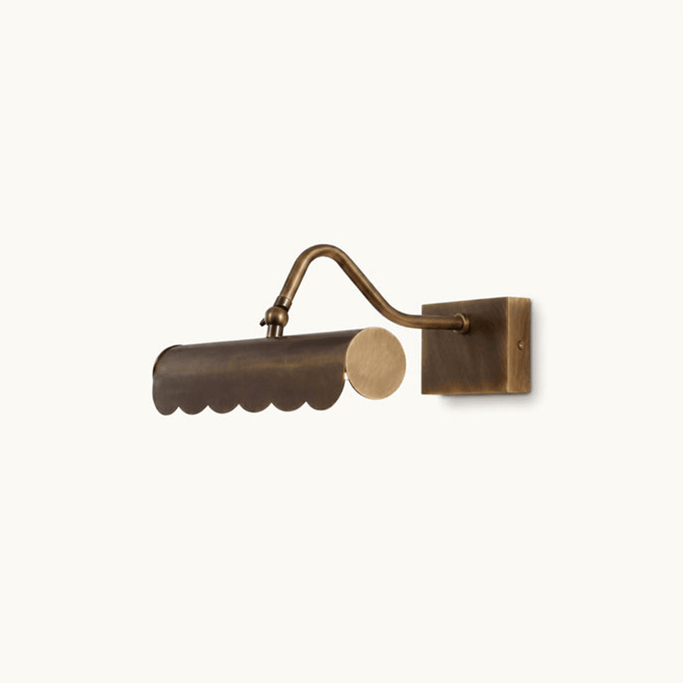 Brass Mirror Light – Scalloped Picture Light, Antique Finish | Jagmag Lights 7 Side profile of the brass mirror light showing the swan-neck arm and square wall plate