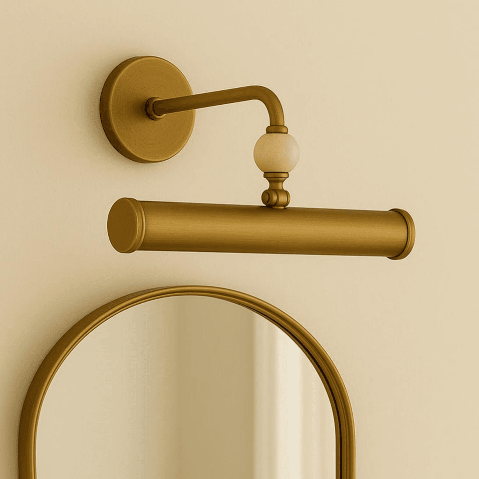 Brass Picture Light – 400 mm Stone Ball Art Sconce | Jagmag Lights 4 Brass picture light hung above an arched brass mirror on a cream wall