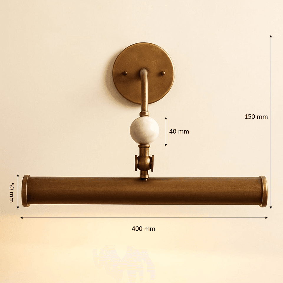 Brass Picture Light – 400 mm Stone Ball Art Sconce | Jagmag Lights 6 Dimension drawing of the brass picture light: 400 mm wide, 150 mm tall, 50 mm tube, 40 mm stone ball