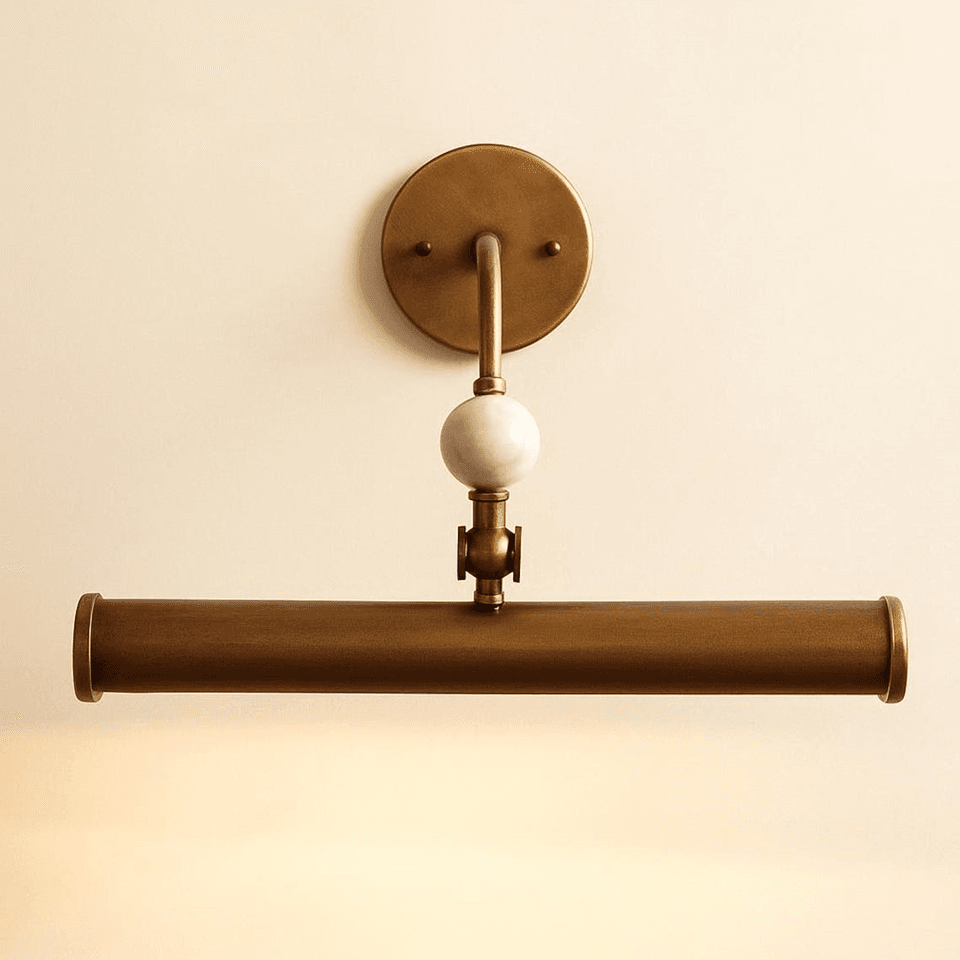 Brass Picture Light – 400 mm Stone Ball Art Sconce | Jagmag Lights 2 Brass picture light switched on, warm light washing the wall below the tube