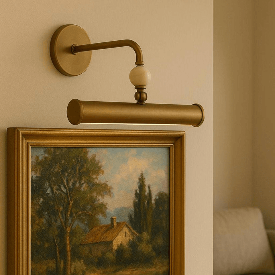 Brass Picture Light – 400 mm Stone Ball Art Sconce | Jagmag Lights 3 Brass picture light mounted above a framed landscape painting in a gilt frame