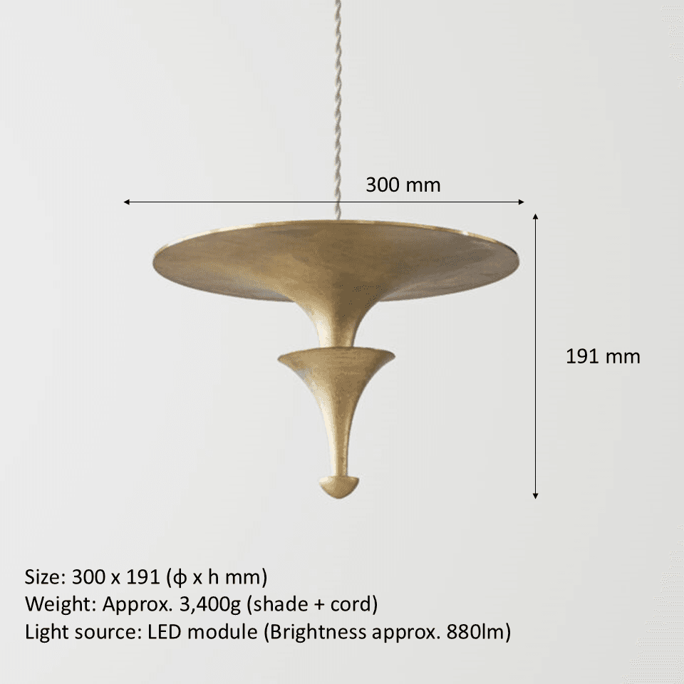 Brass Uplight Pendant Light – 300 mm Indirect LED Disc | Jagmag Lights 6 Dimension drawing of the brass uplight pendant light: 300 mm diameter, 191 mm high, 3.4 kg