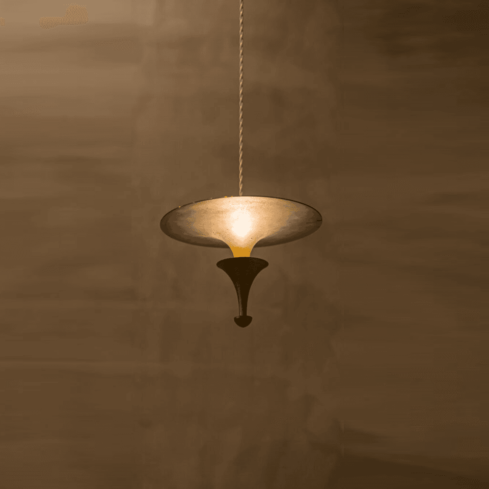 Brass Uplight Pendant Light – 300 mm Indirect LED Disc | Jagmag Lights 3 Brass uplight pendant light glowing against a warm plaster wall