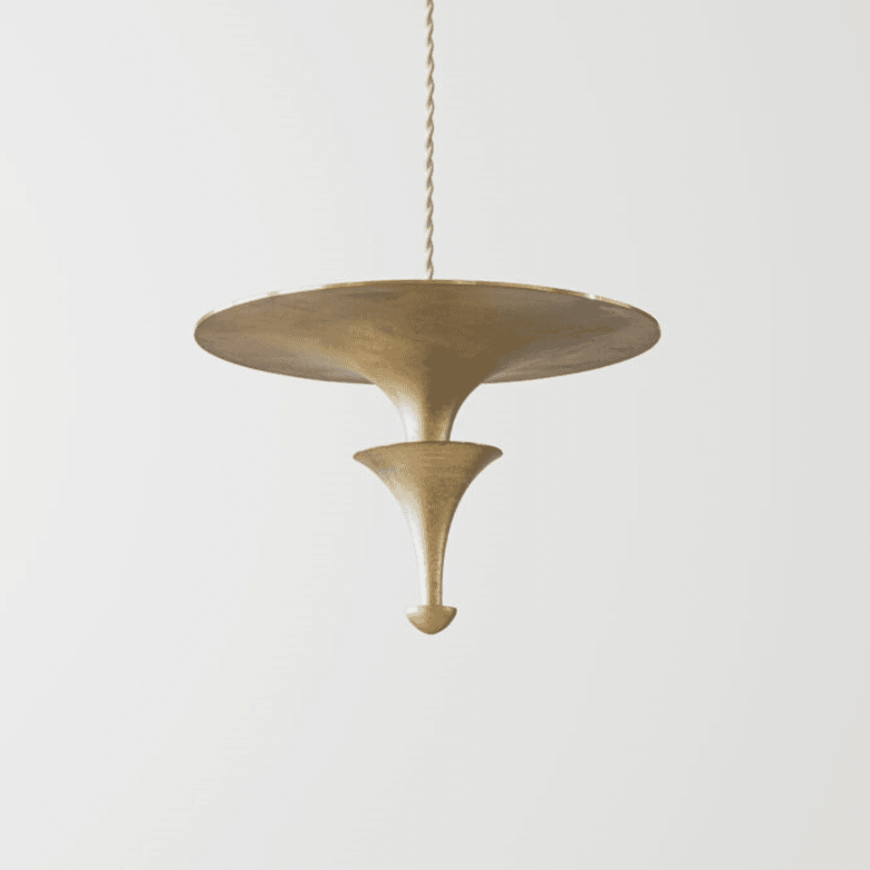 Brass Uplight Pendant Light – 300 mm Indirect LED Disc | Jagmag Lights 2 Brass uplight pendant light unlit on white, showing the disc and flared trumpet