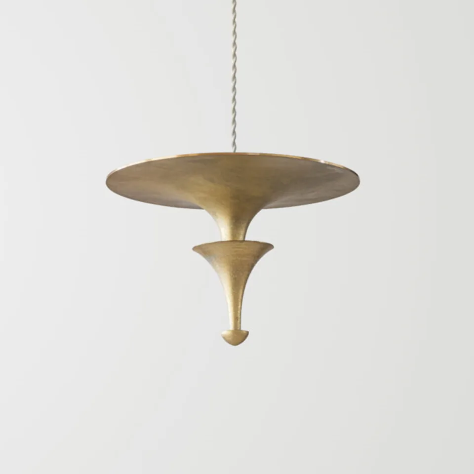 Brass Uplight Pendant Light – 300 mm Indirect LED Disc | Jagmag Lights 2 Brass uplight pendant light unlit on white, showing the disc and flared trumpet