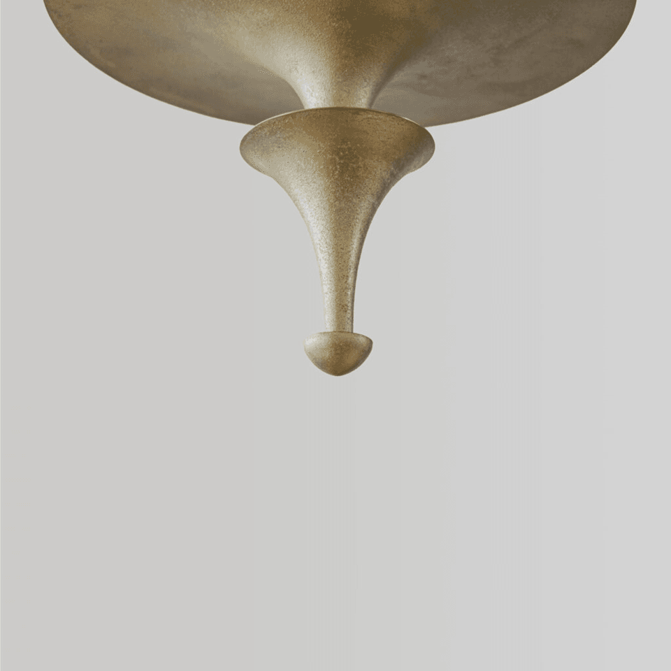 Brass Uplight Pendant Light – 300 mm Indirect LED Disc | Jagmag Lights 4 Close-up of the flared brass trumpet and the small finial at its tip