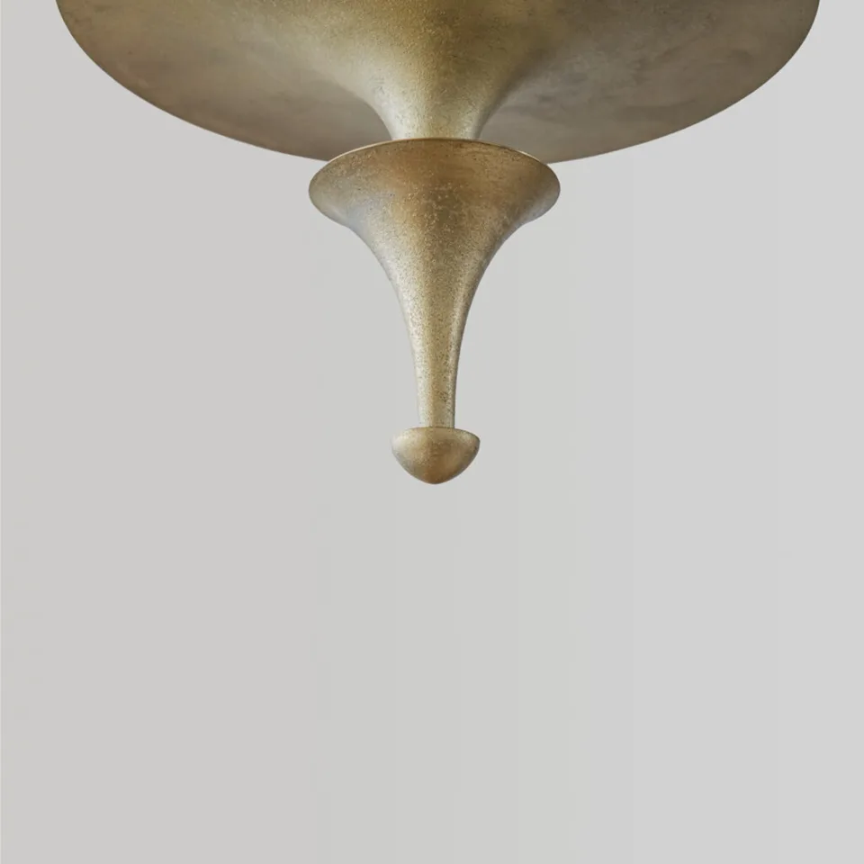 Brass Uplight Pendant Light – 300 mm Indirect LED Disc | Jagmag Lights 4 Close-up of the flared brass trumpet and the small finial at its tip