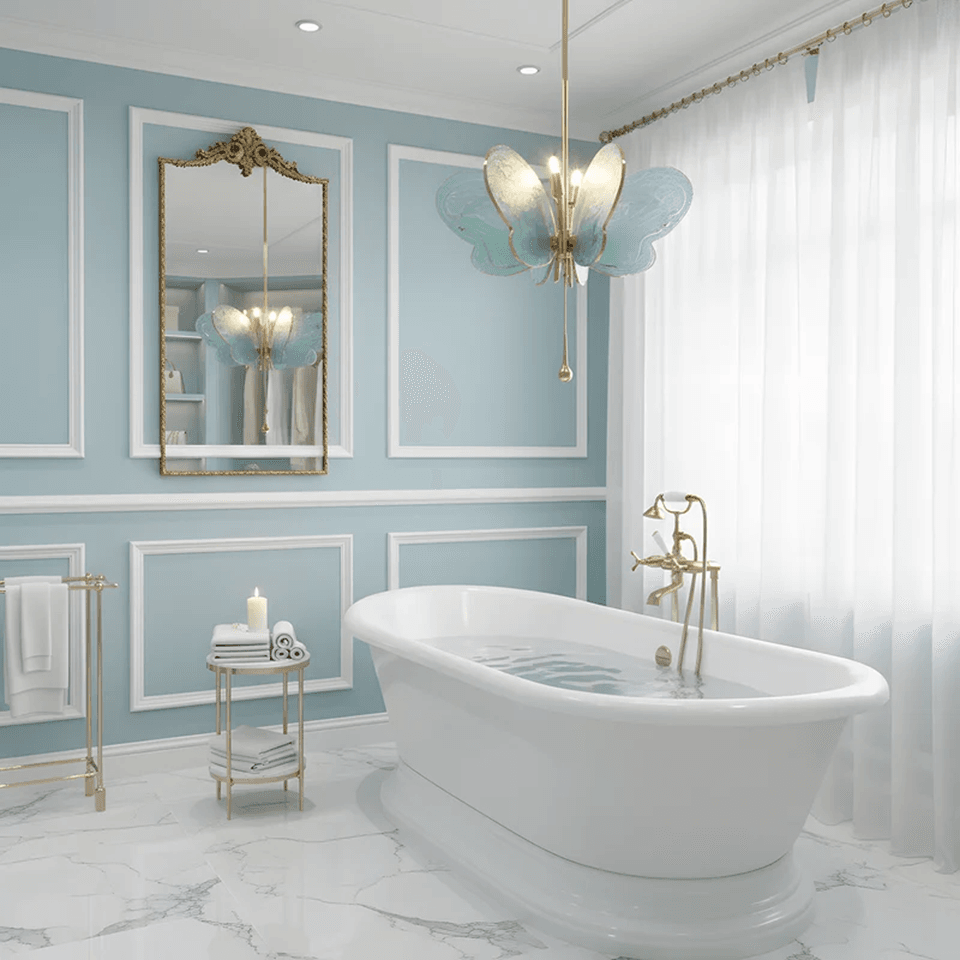 Butterfly Pendant Light – Marbled Glass Wings on Brass, 49 cm | Pink or Blue | Jagmag Lights 17 Blue butterfly pendant light above a freestanding bathtub in a blue bathroom - Jagmag Lights