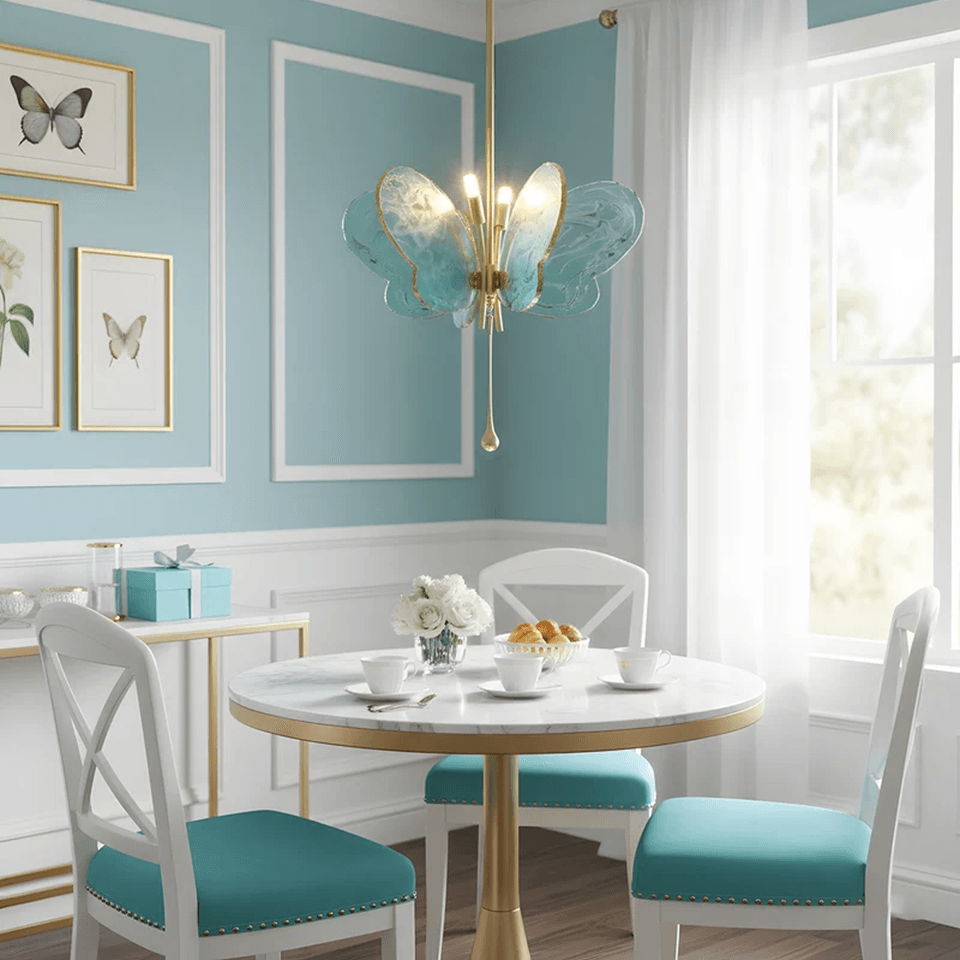 Butterfly Pendant Light – Marbled Glass Wings on Brass, 49 cm | Pink or Blue | Jagmag Lights 13 Blue butterfly pendant light above a round dining table in a blue room - Jagmag Lights