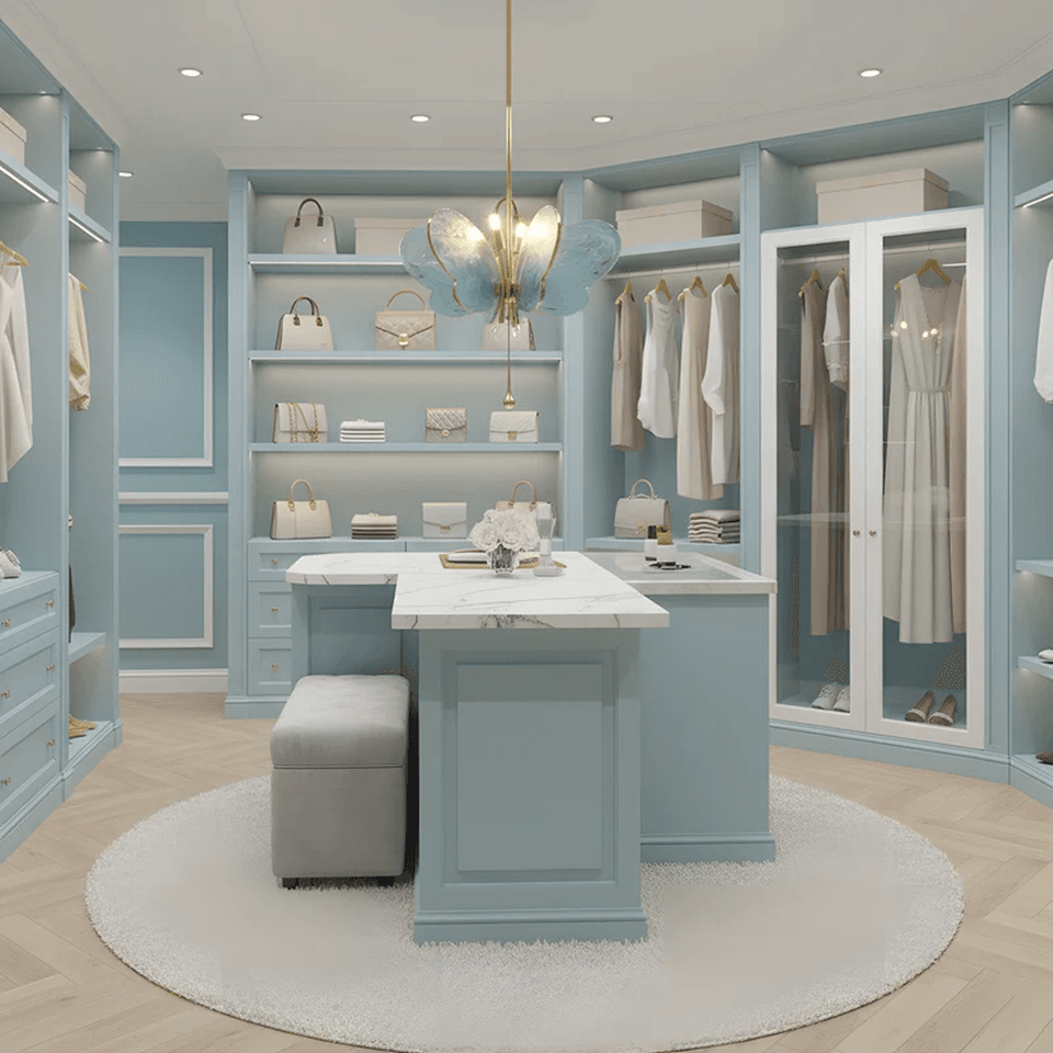 Butterfly Pendant Light – Marbled Glass Wings on Brass, 49 cm | Pink or Blue | Jagmag Lights 15 Blue butterfly pendant light above a marble island in a pale blue dressing room - Jagmag Lights