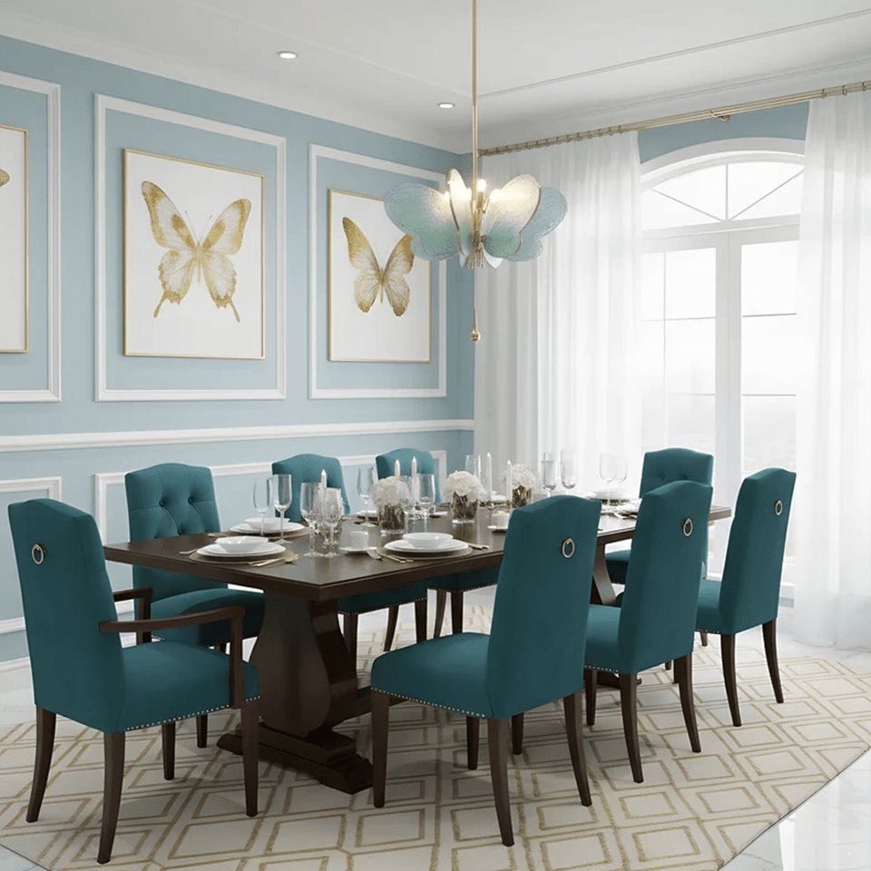 Butterfly Pendant Light – Marbled Glass Wings on Brass, 49 cm | Pink or Blue | Jagmag Lights 14 Blue butterfly pendant light above a long formal dining table - Jagmag Lights