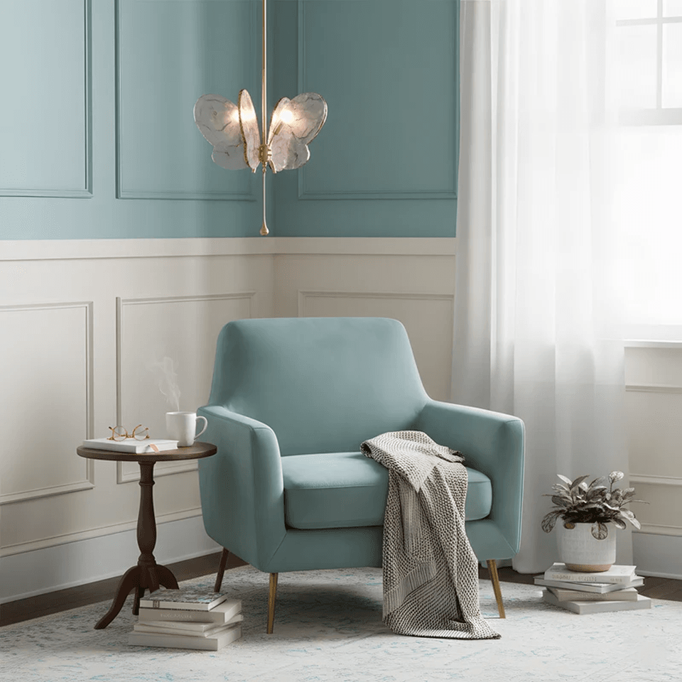Butterfly Pendant Light – Marbled Glass Wings on Brass, 49 cm | Pink or Blue | Jagmag Lights 16 Blue butterfly pendant light lit above an armchair and side table - Jagmag Lights