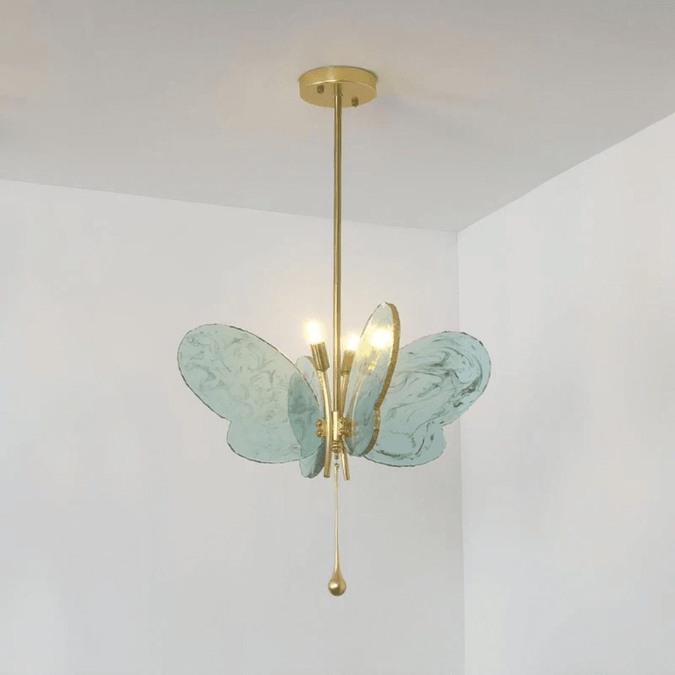 Butterfly Pendant Light – Marbled Glass Wings on Brass, 49 cm | Pink or Blue | Jagmag Lights 2 Blue butterfly pendant light with marbled glass wings on a brass frame - Jagmag Lights