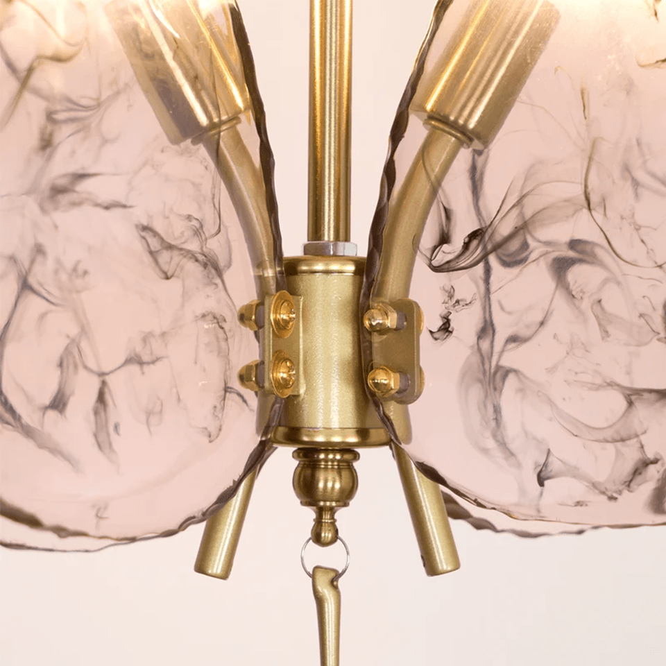 Butterfly Pendant Light – Marbled Glass Wings on Brass, 49 cm | Pink or Blue | Jagmag Lights 6 Close-up of the brass body, G9 lamp arms and marbled glass wings on a butterfly pendant light - Jagmag Lights