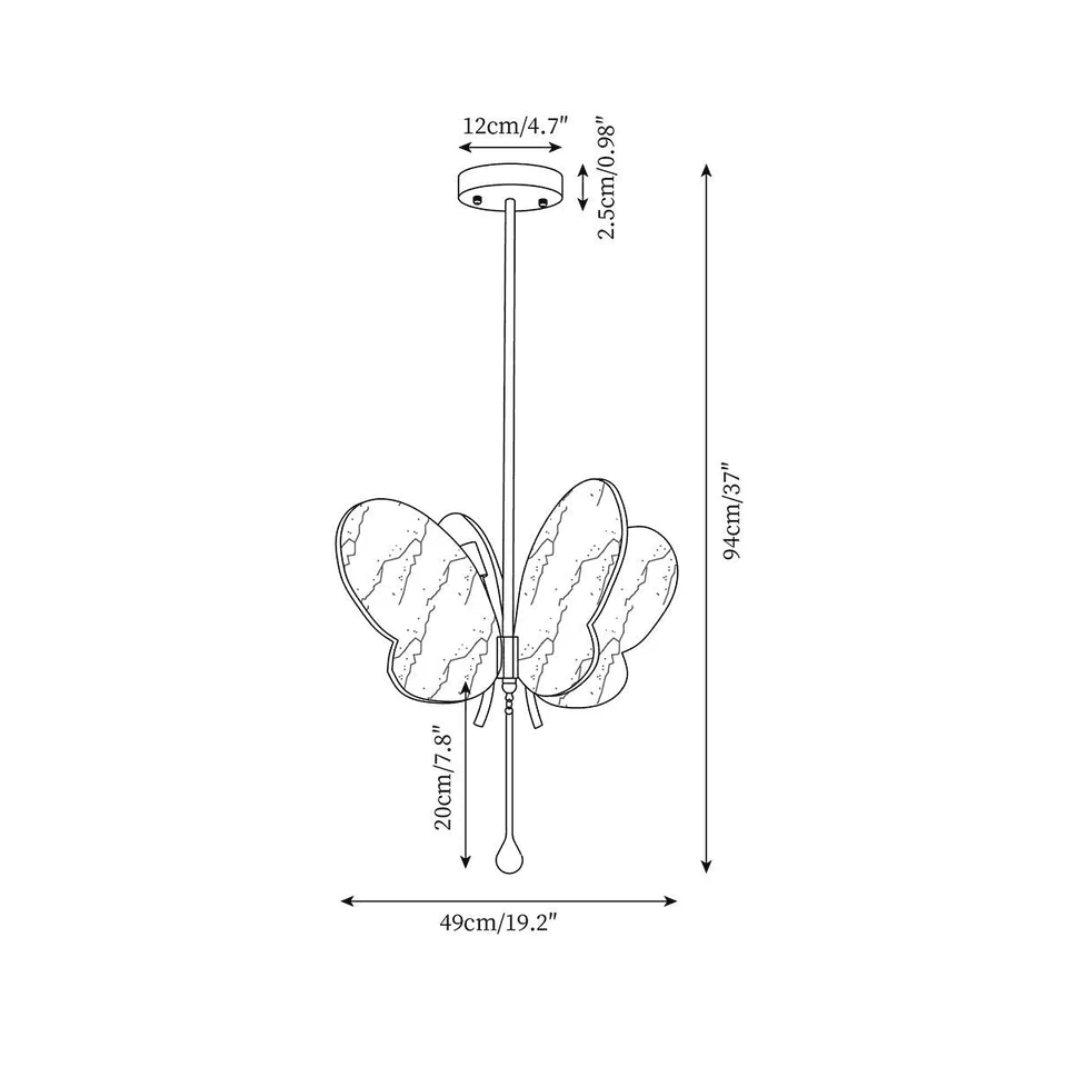 Butterfly Pendant Light – Marbled Glass Wings on Brass, 49 cm | Pink or Blue | Jagmag Lights 18 Dimension drawing: 94 cm total drop, 49 cm wingspan and 12 cm canopy butterfly pendant light - Jagmag Lights