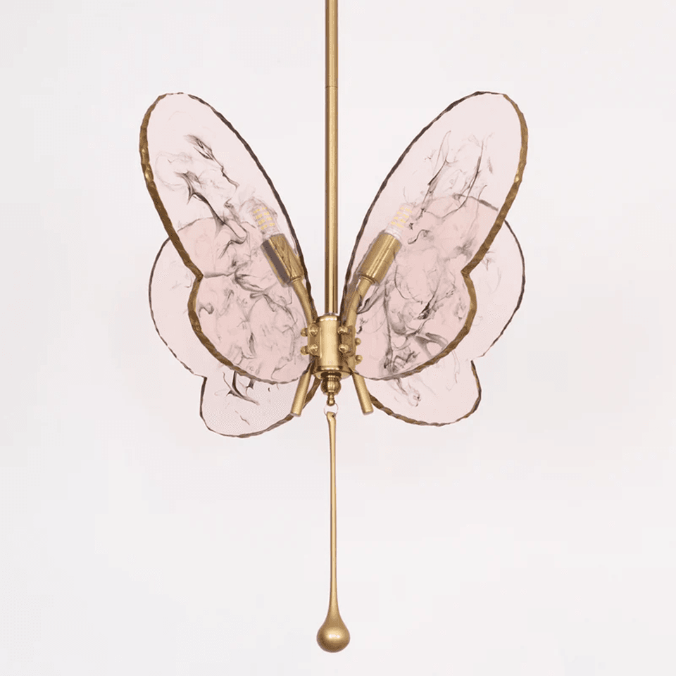 Butterfly Pendant Light – Marbled Glass Wings on Brass, 49 cm | Pink or Blue | Jagmag Lights 4 Front view of a pink butterfly pendant light showing all four glass wings - Jagmag Lights