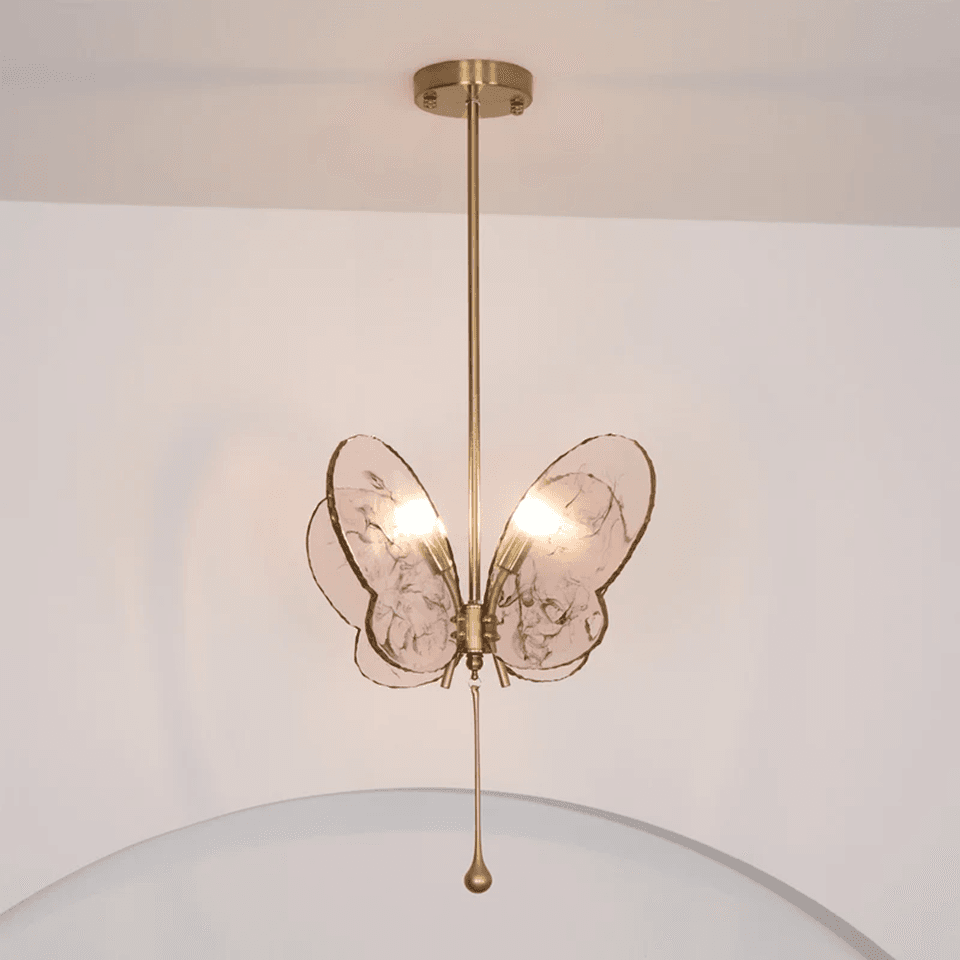 Butterfly Pendant Light – Marbled Glass Wings on Brass, 49 cm | Pink or Blue | Jagmag Lights 7 Full drop of a pink butterfly pendant light with brass rod and canopy - Jagmag Lights