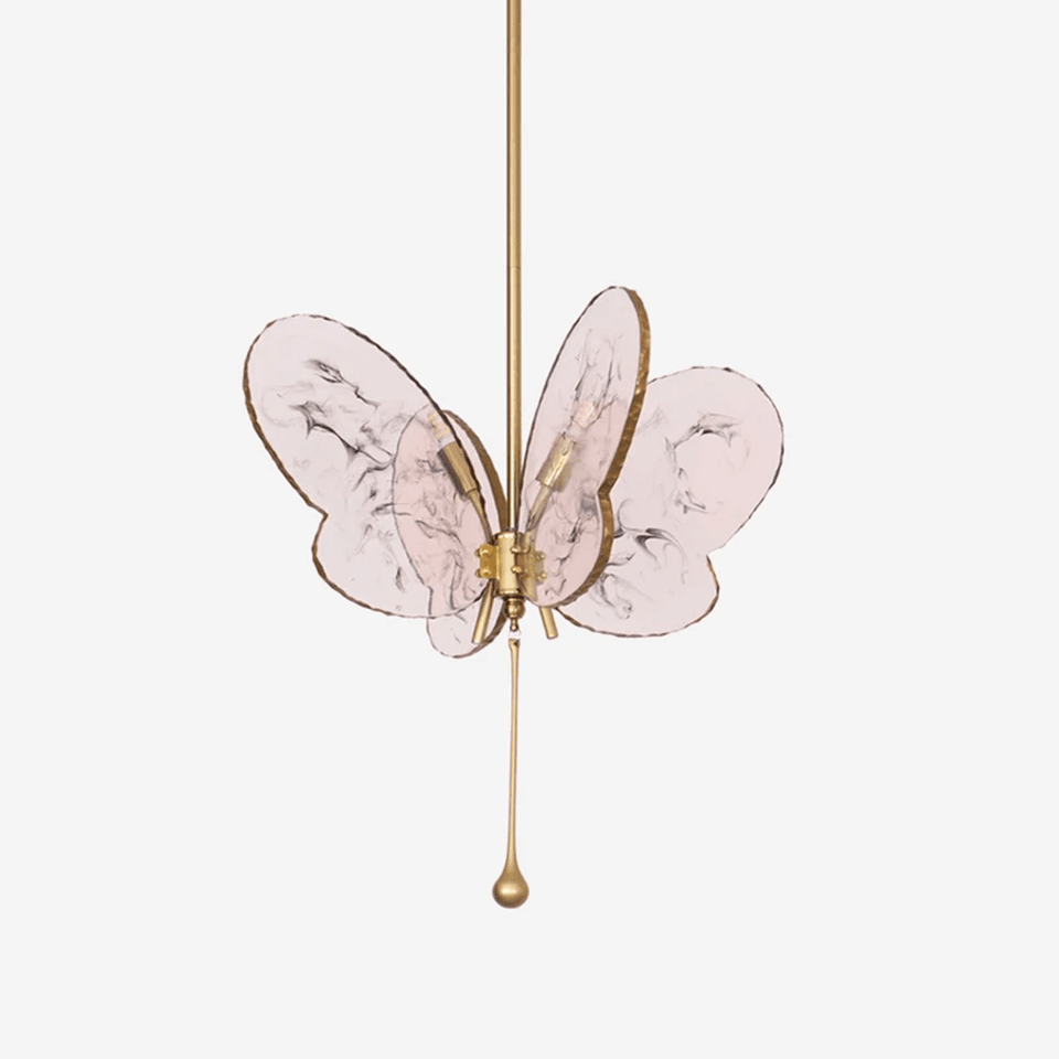 Pink butterfly pendant light with marbled glass wings on a brass frame - Jagmag Lights
