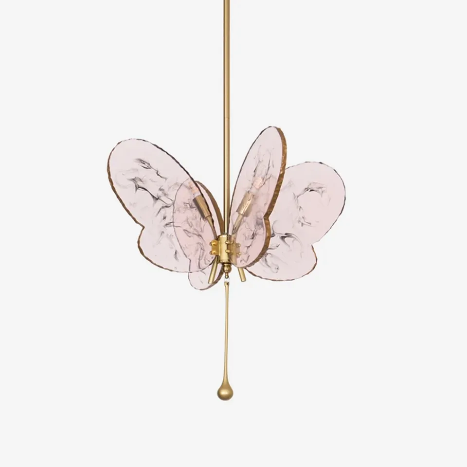 Pink butterfly pendant light with marbled glass wings on a brass frame - Jagmag Lights