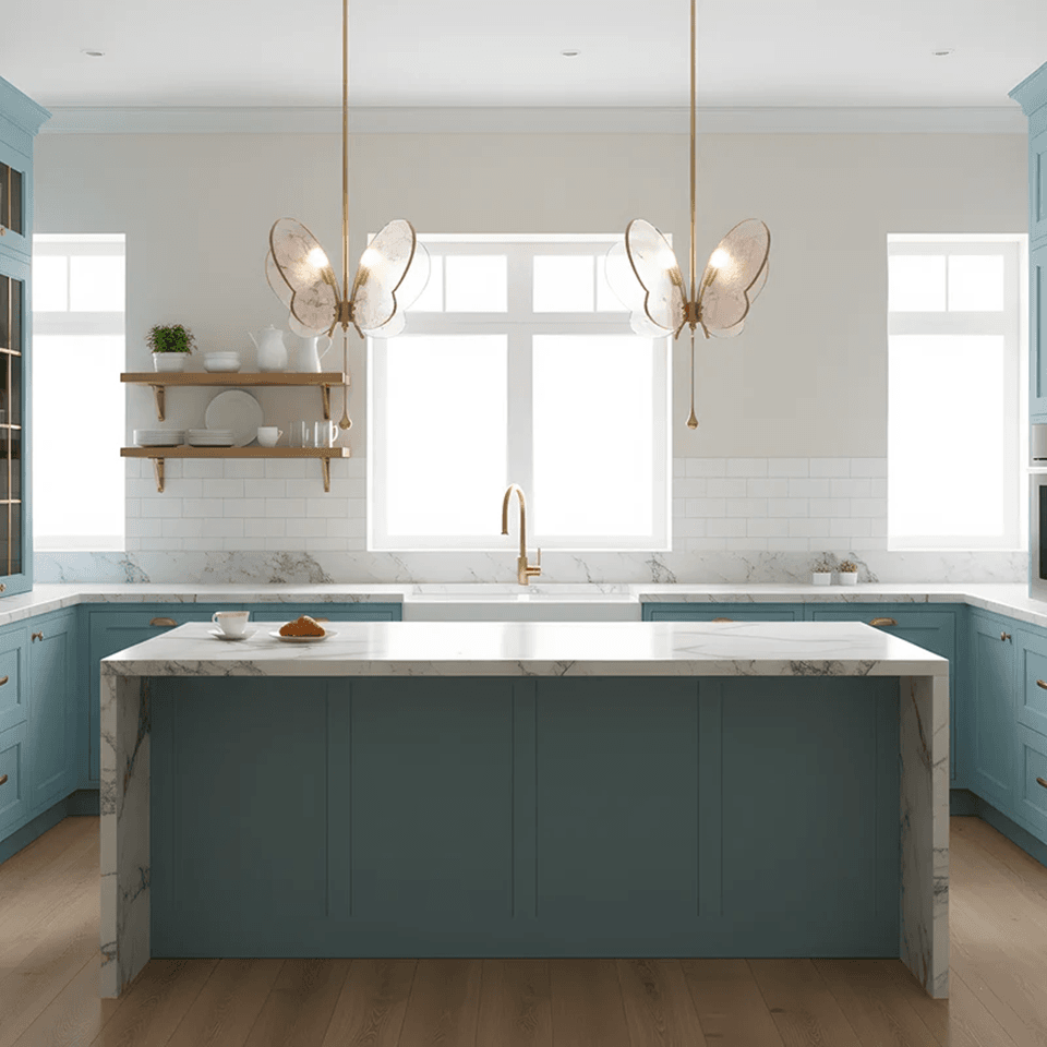 Butterfly Pendant Light – Marbled Glass Wings on Brass, 49 cm | Pink or Blue | Jagmag Lights 10 Two pink butterfly pendant lights above a marble kitchen island - Jagmag Lights