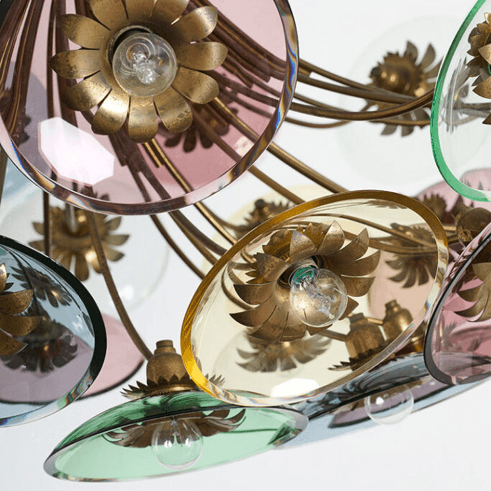 Coloured Glass Chandelier – 4 ft Brass Bowl with 6″ Glass Discs | Jagmag Lights 6 Brass petal rosette behind an amethyst glass disc with the E27 lamp visible