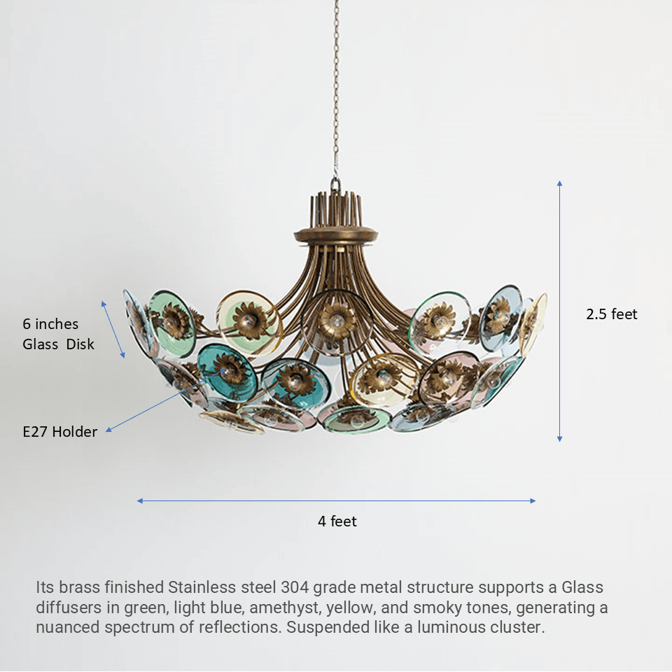 Coloured Glass Chandelier – 4 ft Brass Bowl with 6″ Glass Discs | Jagmag Lights 10 Dimension drawing of the coloured glass chandelier: 4 feet across, 2.5 feet tall, 6 inch glass discs