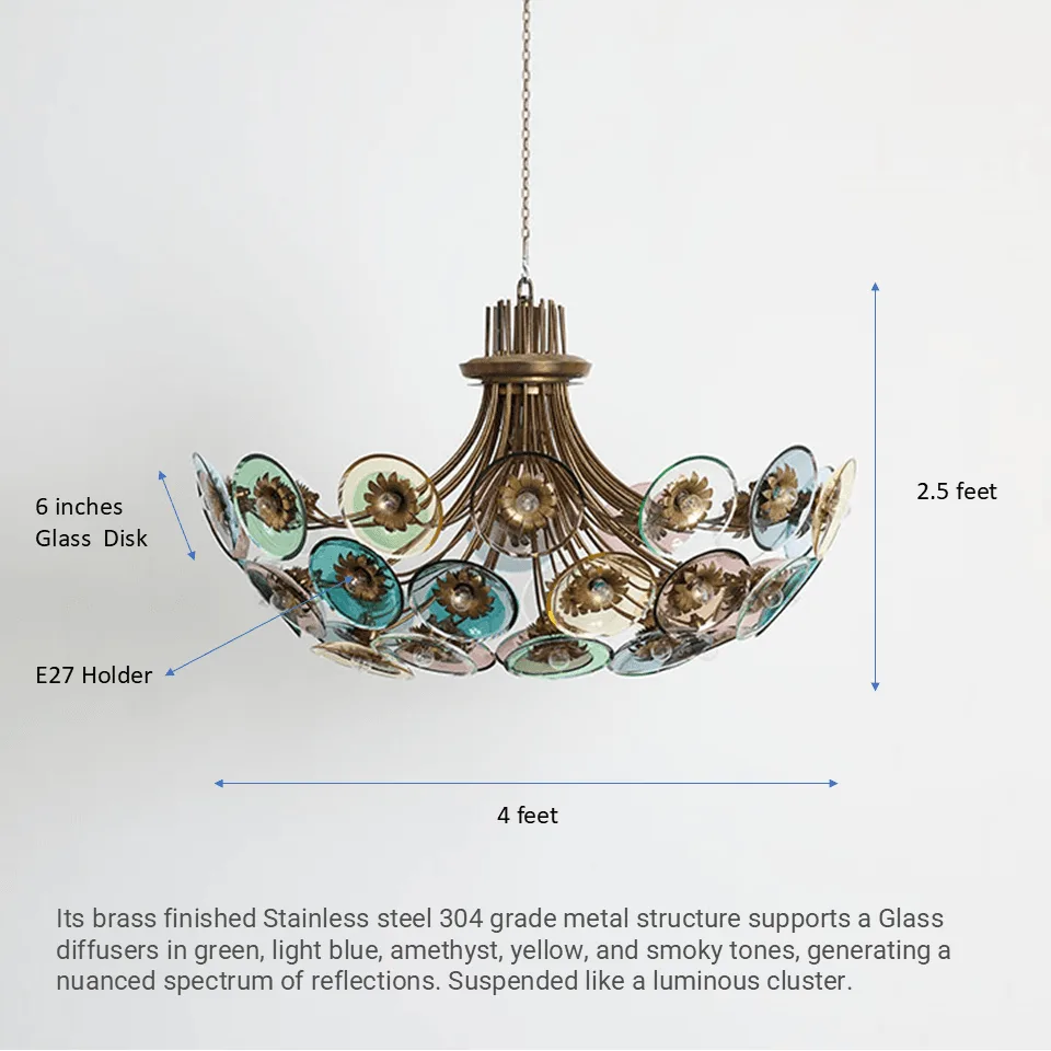 Coloured Glass Chandelier – 4 ft Brass Bowl with 6″ Glass Discs 10 Dimension drawing of the coloured glass chandelier: 4 feet across, 2.5 feet tall, 6 inch glass discs