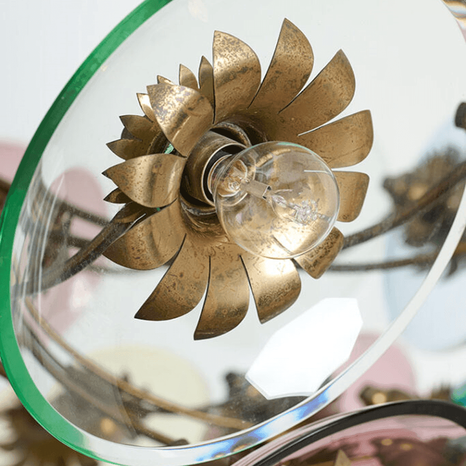 Coloured Glass Chandelier – 4 ft Brass Bowl with 6″ Glass Discs | Jagmag Lights 8 Green glass disc with a brass petal rosette and clear E27 lamp at its centre